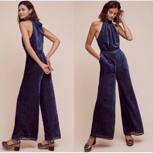 Anthropologie Velvet Nova Jumpsuit Sz 0 Navy‎ Blue Textured Sleeveless Straight